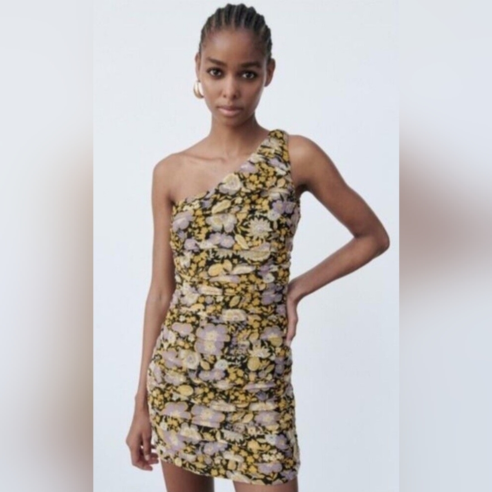 Zara NWOT Size S asymmetric floral draped minidress